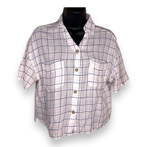 MEDIUM JAPNA PASTEL PINK  BLUE PLAID CROPPED BUTTON FRONT SHORT SLEEVE COTTON